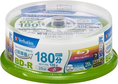 Verbatim Bar Bay Tum 1 time Recording Blu-ray Disc BD-R 25GB 20 pieces Whit - Image 1 of 4