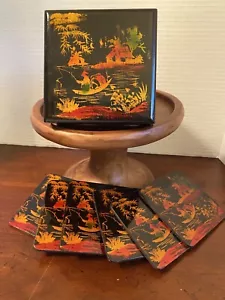 Vintage Japanese Black Lacquerware Coaster Set of 6 With Box -MCM Handpainted SQ - Picture 1 of 6