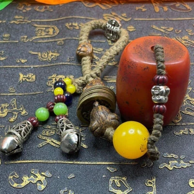 Vintage Tibetan Agate Barrel Bead Pendant Patina Handwoven Collectible Jewelry - Image 1 of 4