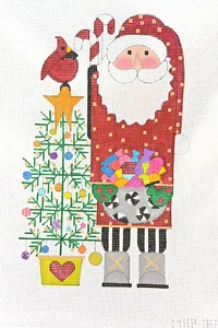 Hand-painted Needlepoint Canvas, Santa with tree & cardinal, 13" mesh, NEW - Picture 1 of 1