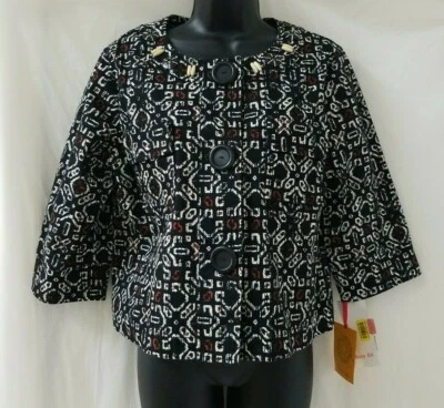 Ruby Rd Cropped Blazer Sz 6 Black Red 3/4 Sleeve Button Down Coat  - Image 1 of 4
