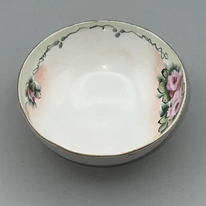 Vintage Meito Japan Footed Mayonnaise Bowl Hand Painted Pink & Green Florals - Picture 1 of 5