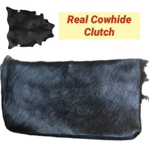 HANDMADE CLUTCH FRINGE FLAP BAG GENUINE COW HAIR LEATHER BLACK WESTERN BOHO CORE - Picture 1 of 21
