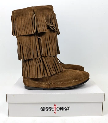 Minnetonka Brown 3 Layer Tall Boots Women's Suede Leather Fringe Moccasin 1638 - Image 1 of 4