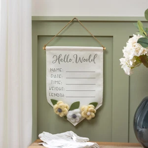 Baby Hello World Burlap Hanging Decor with Felt Flowers, 14" - Picture 1 of 3