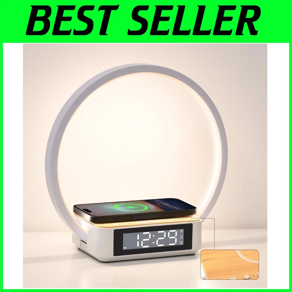 Wood Grain Touch Lamp Alarm Clock Wireless Charger - Image 1 of 4