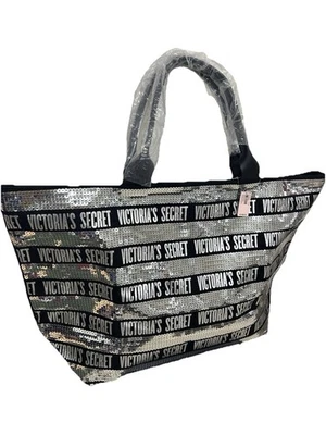 Victoria’s Secret Oversized Black & Silver Sequin Tote Large Bag Repeated Logo - Image 1 of 4