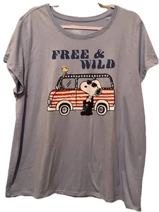 Peanuts Hybrid XXL Womans Blue T-Shirt Free & Wild Snoopy Woodstock Flag Van - Picture 1 of 4