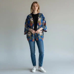Jealous Tomato Kimono Damen Small Medium Blau Blumen Boho Offen Cardigan Jacke - Bild 1 von 5