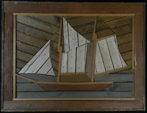 Austin Lath Art Vintage Folk Holz Intarsien Segelboot 25"x19" - Bild 1 von 10