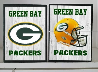 Green Bay Packers NFL 2 peças decorativas "madeira branca" 5x4 em placas de madeira caverna do homem - Imagem 1 de 2