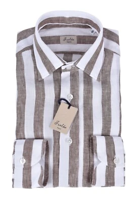 NUEVA CAMISA DE LINO HECHA A MANO FRALBO NAPOLI 41 - 16 AJUSTE MODERNO MARRÓN RAYAS Foto 1 de 4