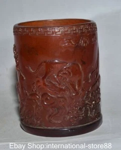 4.2" Old Chinese Red Amber Carving Feng Shui Tiger Pine Brush Pot Pen Container - Picture 1 of 11