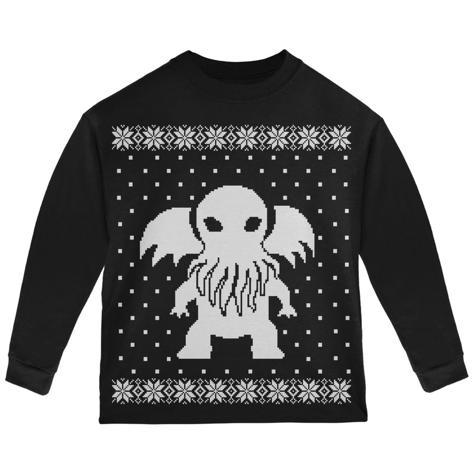 Big Cthulhu Ugly Lovecraft Christmas Sweater Black Toddler Long Sleeve T-Shirt - Image 1 of 1