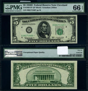 FR. 1965 D* $5 1950-D Federal Reserve Note Cleveland D-* Block Gem PMG CU66 EPQ - Picture 1 of 3