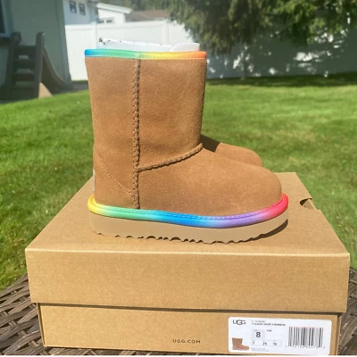 NWT/NIB UGG Classic Short II Toddler Rainbow Shearling Lined Boots/Chestnut (8)  - Image 1 of 4