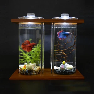 Mini pecera de vidrio Betta base de bambú para acuario para escritorio - Imagen 1 de 15