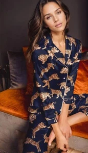 averie sleep 2-piece tiger print pajama M set women blue satin luxury sleepwear - Picture 1 of 3