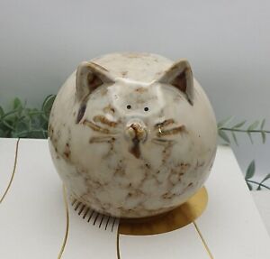 Vintage drip glazed ceramic pottery round cat lover ornament in neutral Beiges