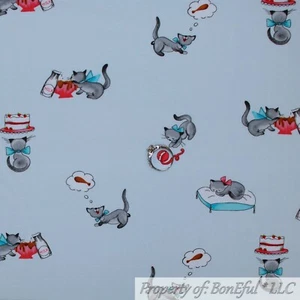 BonEful FABRIC FQ Cotton Quilt Light Blue Red Kitty Cat Fish Food Bowl Milk Bed  - Picture 1 of 12