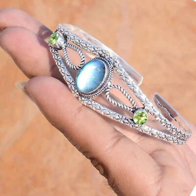 Blue Fire Labradorite & Peridot Cut Gemstone 925 Sterling Silver Cuff Bangle - Image 1 of 4