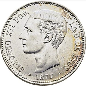 SPANIEN, 307-ALFONSO XII, 5 PESETEN 1877*18-77, MADRID DE M, SILBER, GXF. - Bild 1 von 2