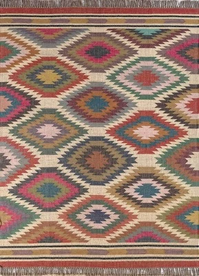 Natural Wool Jute Kilim Carpet Handcrafted Boho Style Living Room Rug - Image 1 of 4