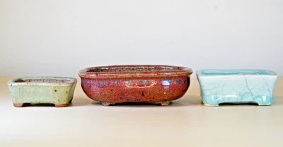 3 Set Japanese Bonsai Pot AKINAO 2.5"(6.4cm)~4.4"(11.1cm) Glazed Y970 - Image 1 of 4