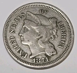 1874 3CN Three Cent Coin ☆  🇺🇸 US Mint [ VF Very Fine ]   - Picture 1 of 7