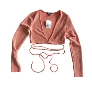 Forever 21 : NEW Ribbed Wrap Crop Top Long Sleeve Tie Front Peach Pink : M - Picture 1 of 7