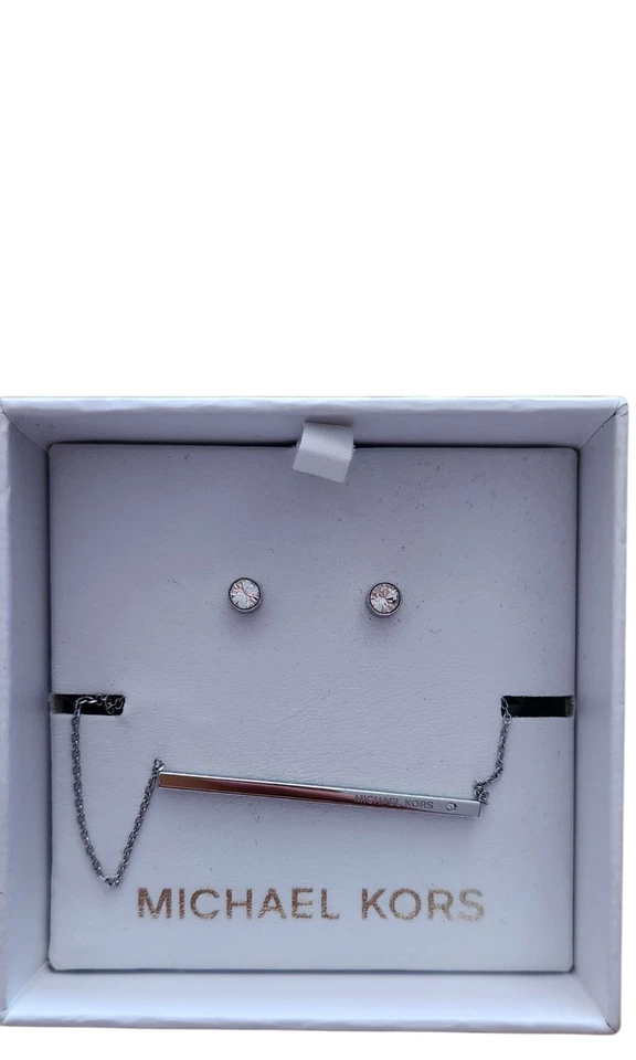 NUEVO COLLAR MICHAEL KORS TONO PLATA, JUEGO DE 2 BARRAS CON DIJE + PENDIENTE CIRCONITA MKJ4676 Foto 1 de 1