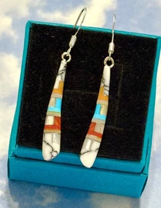 2”+ Pendientes NAVAJO Plata de Ley Blanco Búfalo Turquesa Coral Ostra 925 - Imagen 1 de 3