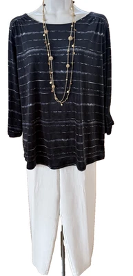 "Top túnica Pure J. Jill XL negro elástico poli terciopelo línea A rayas blancas 27"" nuevo sin etiquetas" Foto 1 de 4