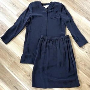 100% SILK Jones New York Skirt Suit Set Navy Church Career Office Business 10 - Picture 1 of 13