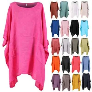 Ladies Italian Short Sleeves Plain Tunic Top Womens Quirky Lagenlook Linen Dress - Picture 1 of 22