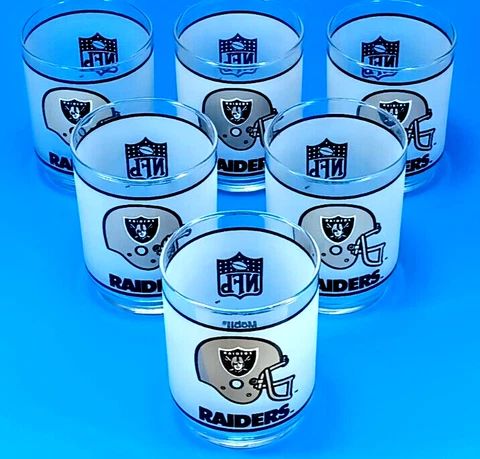Vintage 1980's Mobil NFL Los Angeles Raiders Frosted Cocktail Glasses. Lot of 6 Cover