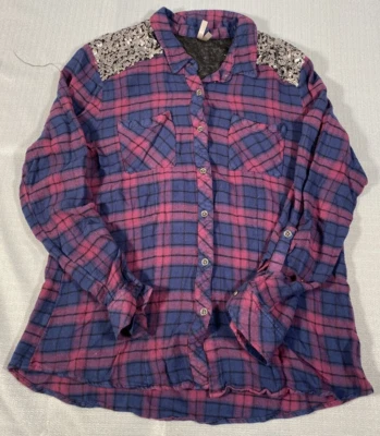 Camisa tocador para mujer grande botón a cuadros púrpura azul lentejuelas hombros bolsillo trasero Foto 1 de 4