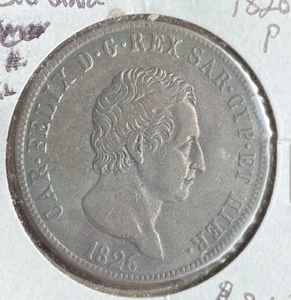 1826 SARDINIA 5 LIRE Silver Coin Italian States KM#116.1 - Picture 1 of 2