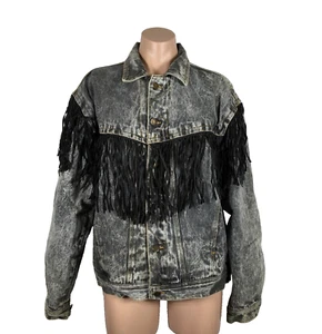 Vintage 80s Blue Zone Black Denim Fringe Acid Wash Oversized Jacket Bomber XL - Picture 1 of 6