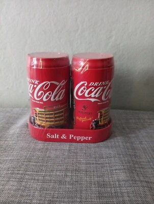 NEW Coca Cola Vintage Retro Style Red Tin Salt & Pepper Shaker Set w/Tray Holder - Image 1 of 4