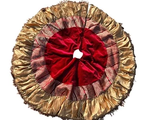 54” Christmas Tree Skirt Brocade Large Velvet Tapestry Satin Tassels Gold Red - Picture 1 of 6
