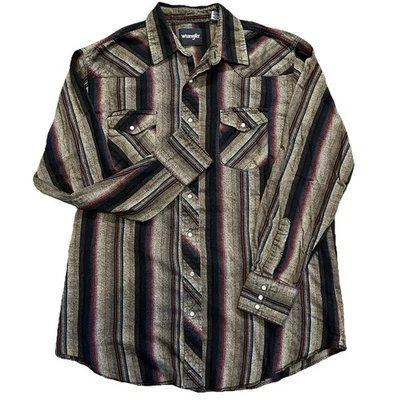 WRANGLER Mens XLT Tall Black/Gray Stripe Cotton Flannel Pearl Snap Western Shirt - Image 1 of 4