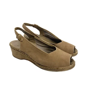 Vintage 1940s Mel Preston Wedges Womens 7.5 Brown Suede Studded Slingback Sandal - Picture 1 of 19