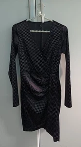 Black Long Sleeve Shiny Mini Dress V Neck - Picture 1 of 5