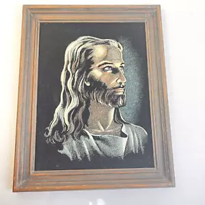 Ritratto di Gesù su velluto vintage 19" x 15" incorniciato arte religiosa immagine cristiana - Foto 1 di 4
