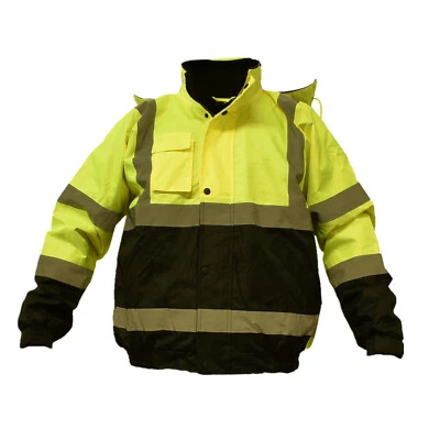 Hi Vis Waterproof Class 3 Insulated Reflective Bomber Jacket Fleece Lining Coat - Image 1 of 4