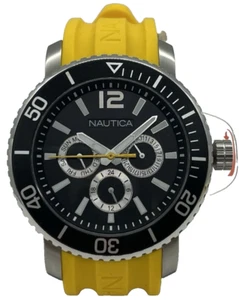 Men's Nautica watch black dial steel case yellow rubber strap 45mm NAD16563G - Picture 1 of 9