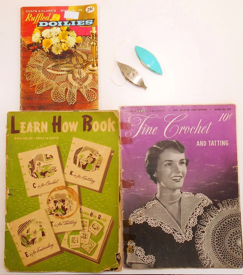 2 lanzaderas de encaje vintage + libros de instrucciones de patrones para hacer encaje-aprende a tactar Foto 1 de 1