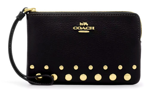 COACH ?Polsino con zip angolare e rivetti CAQ56 nero pelle di ciottoli raffinata Nuovo con etichette
