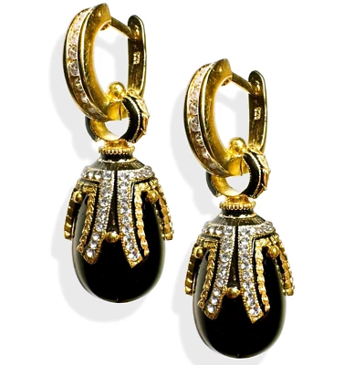 925 Sterling Black Onyx Faberge Egg Earrings Swarovski Crystals Gold Enamel Hoop - Image 1 of 4